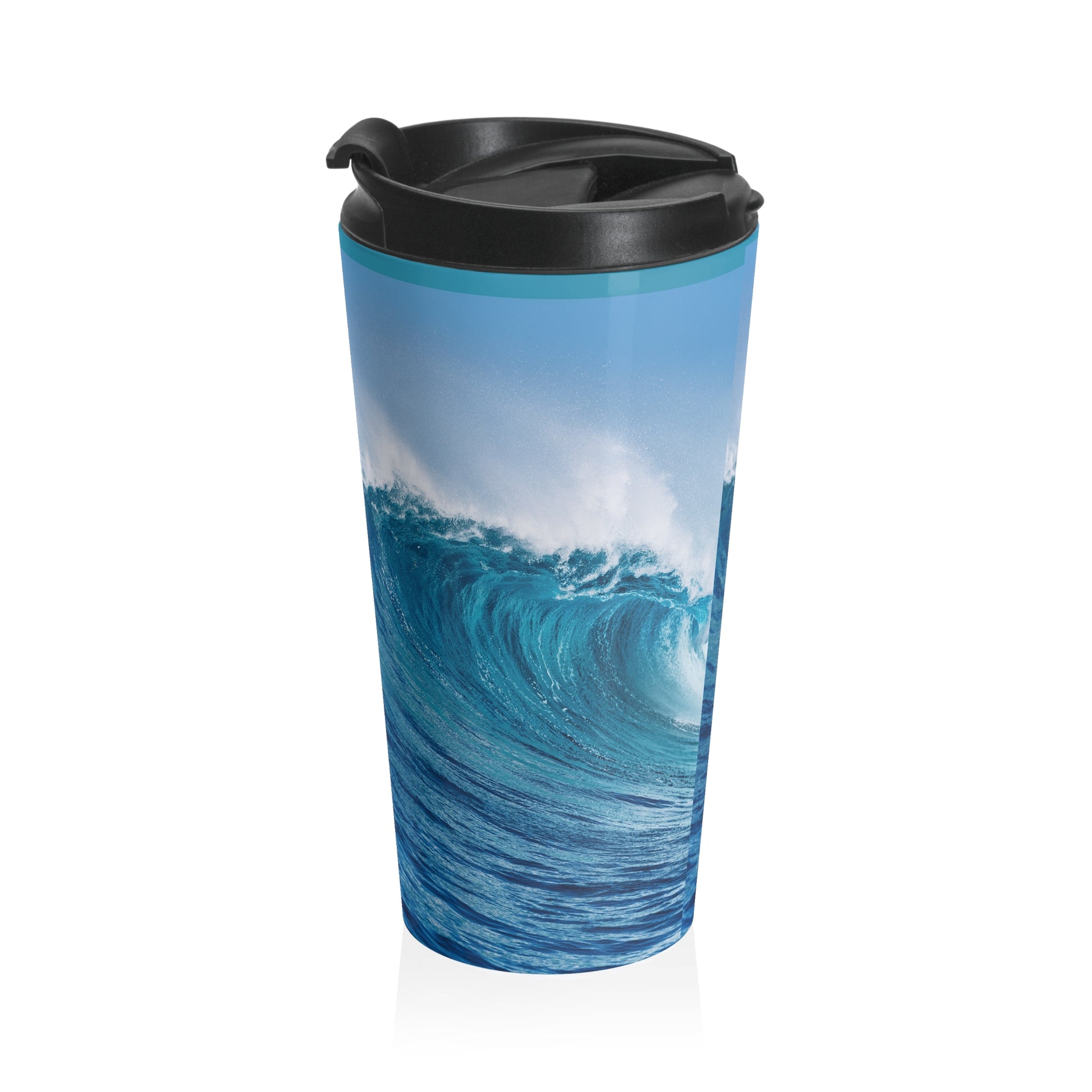 Tumbler with a design of blue ocean waves and a black lid on a white background