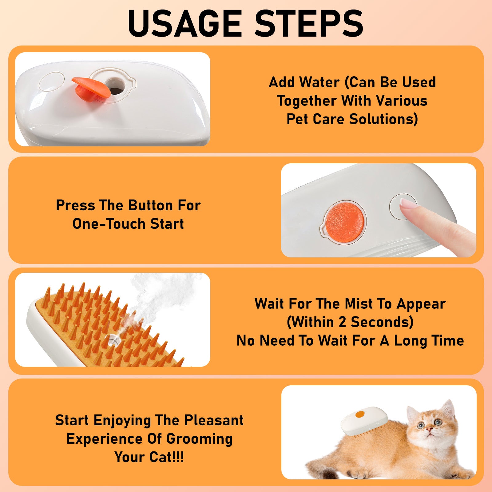 Instructions for using a pet grooming device with images and text on an orange background.