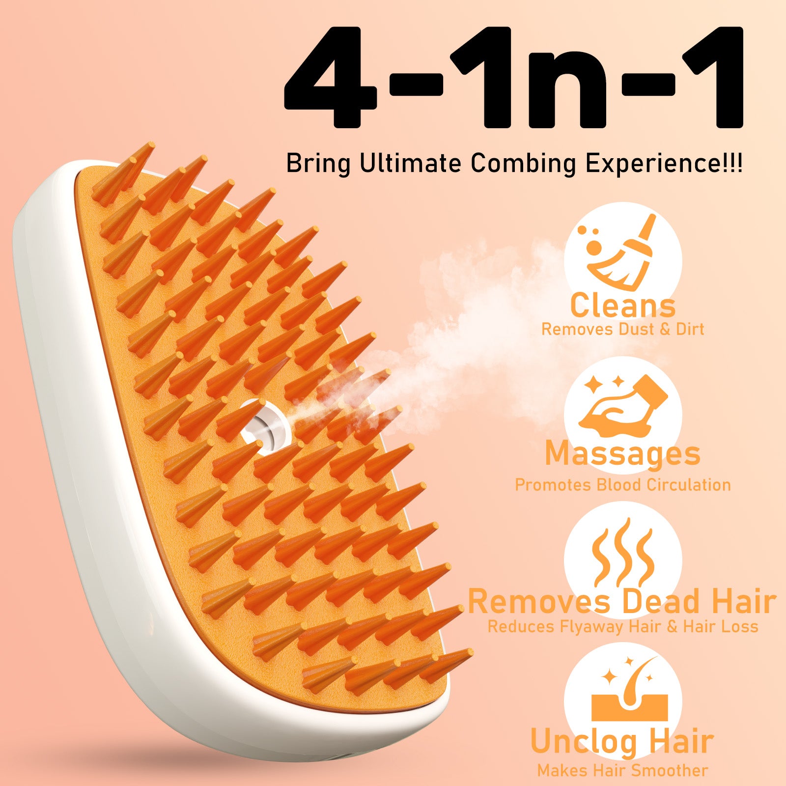 Orange comb with text highlighting its features on a peach background