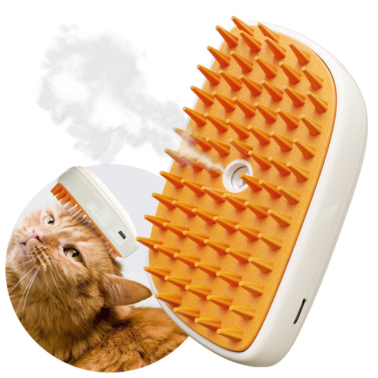 Cat grooming brush with orange bristles on a white background, featuring an inset of a cat.