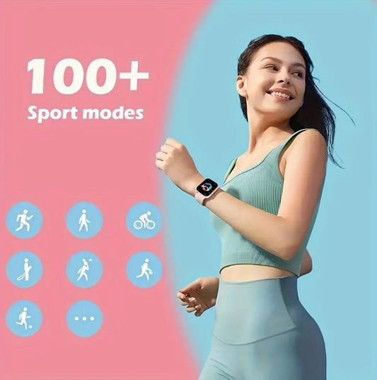 Woman wearing a smartwatch with 100+ sport modes displayed on a pink and blue gradient background.
