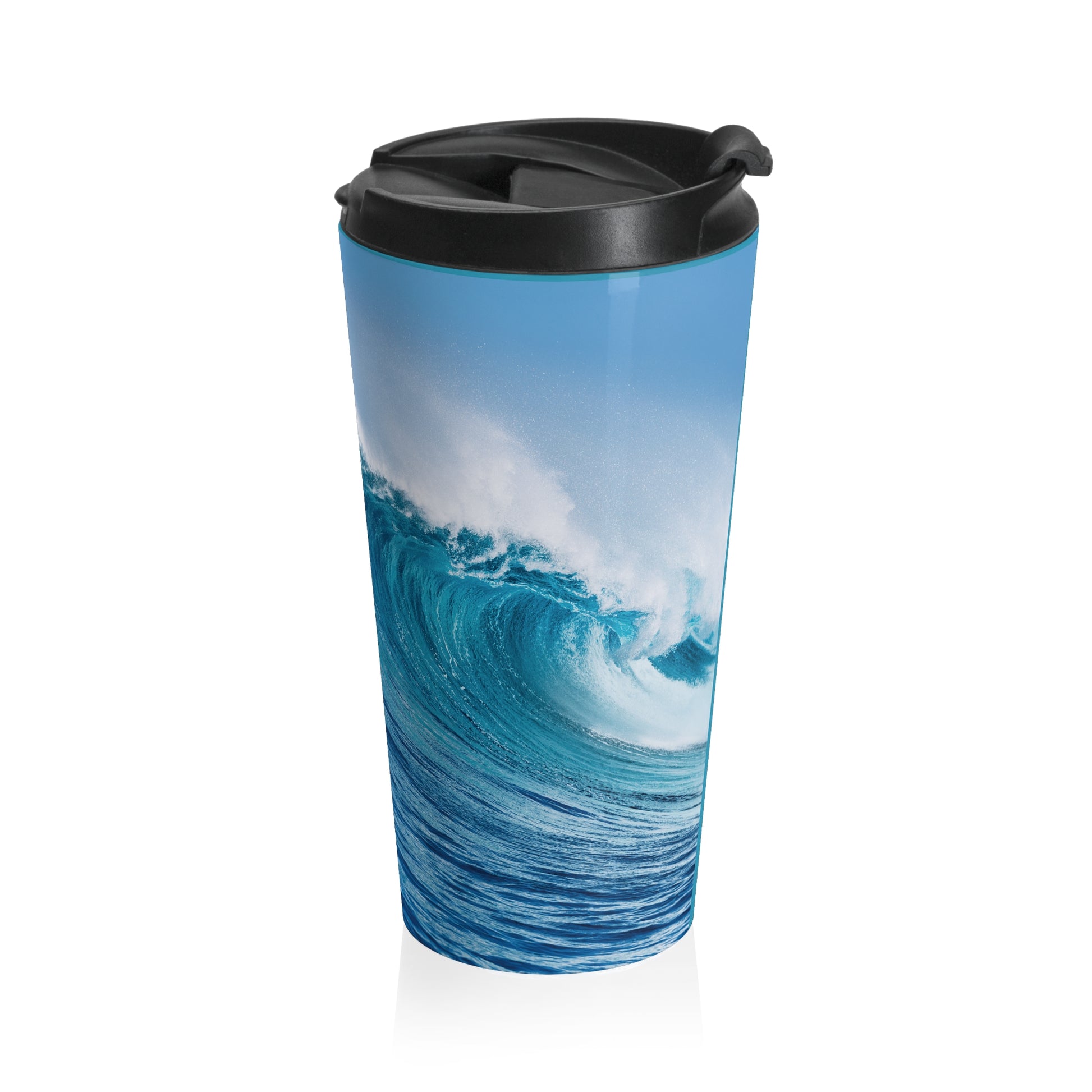 Travel mug with ocean wave design and black lid on a white background