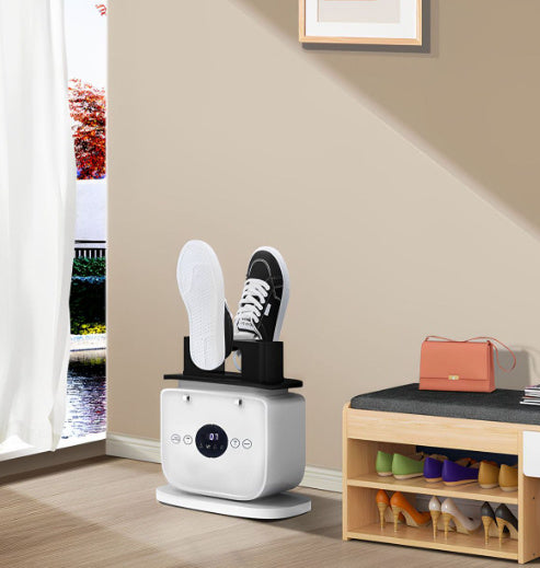 Shoe dryer with shoes on top in a room with a window and shoe rack.