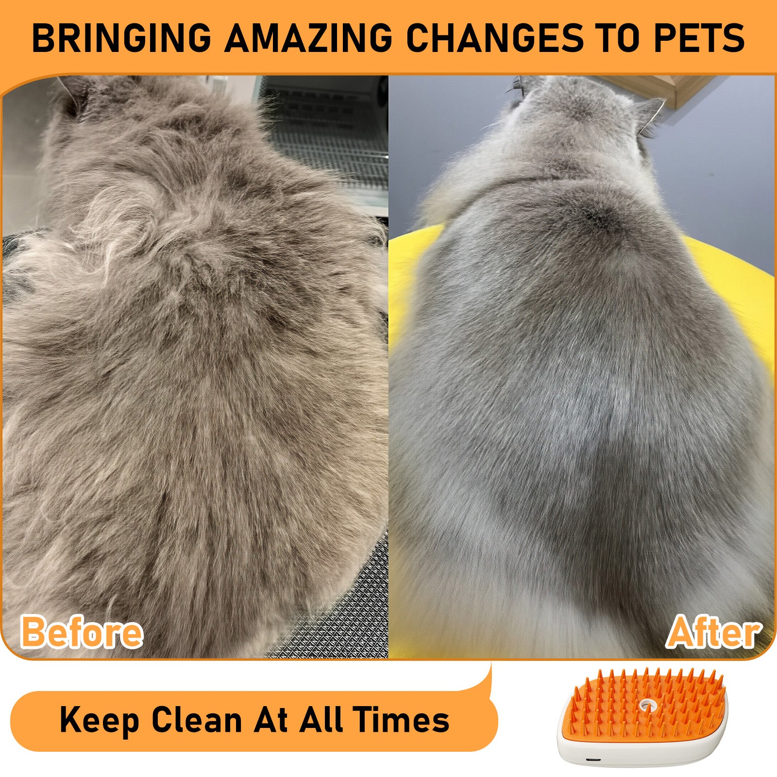 Before and after comparison of a pet's fur with a grooming tool, emphasizing cleanliness.