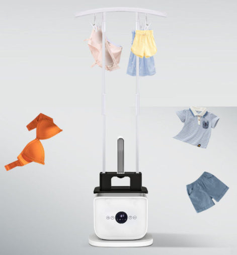 Portable clothes dryer with hanging clothes on a white background