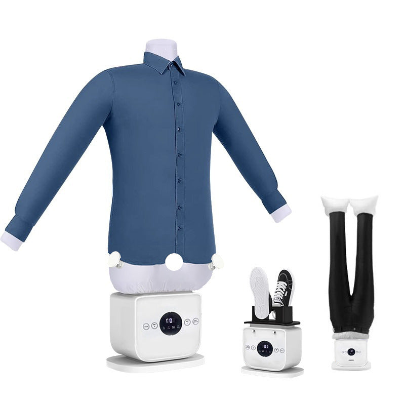Blue shirt, white shoes, and black socks on mannequins with electronic devices on a white background