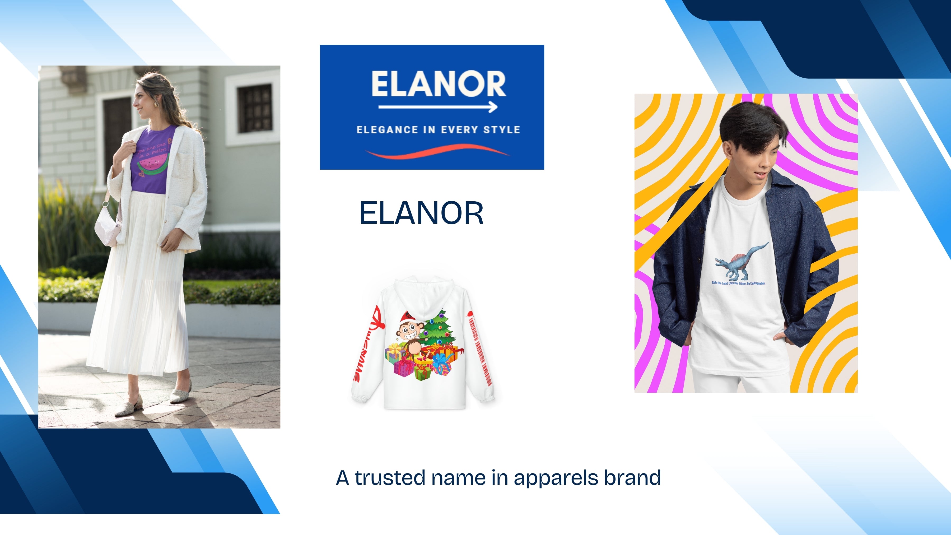 Promotional image of ELANOR brand with two people wearing branded clothing and a colorful logo.