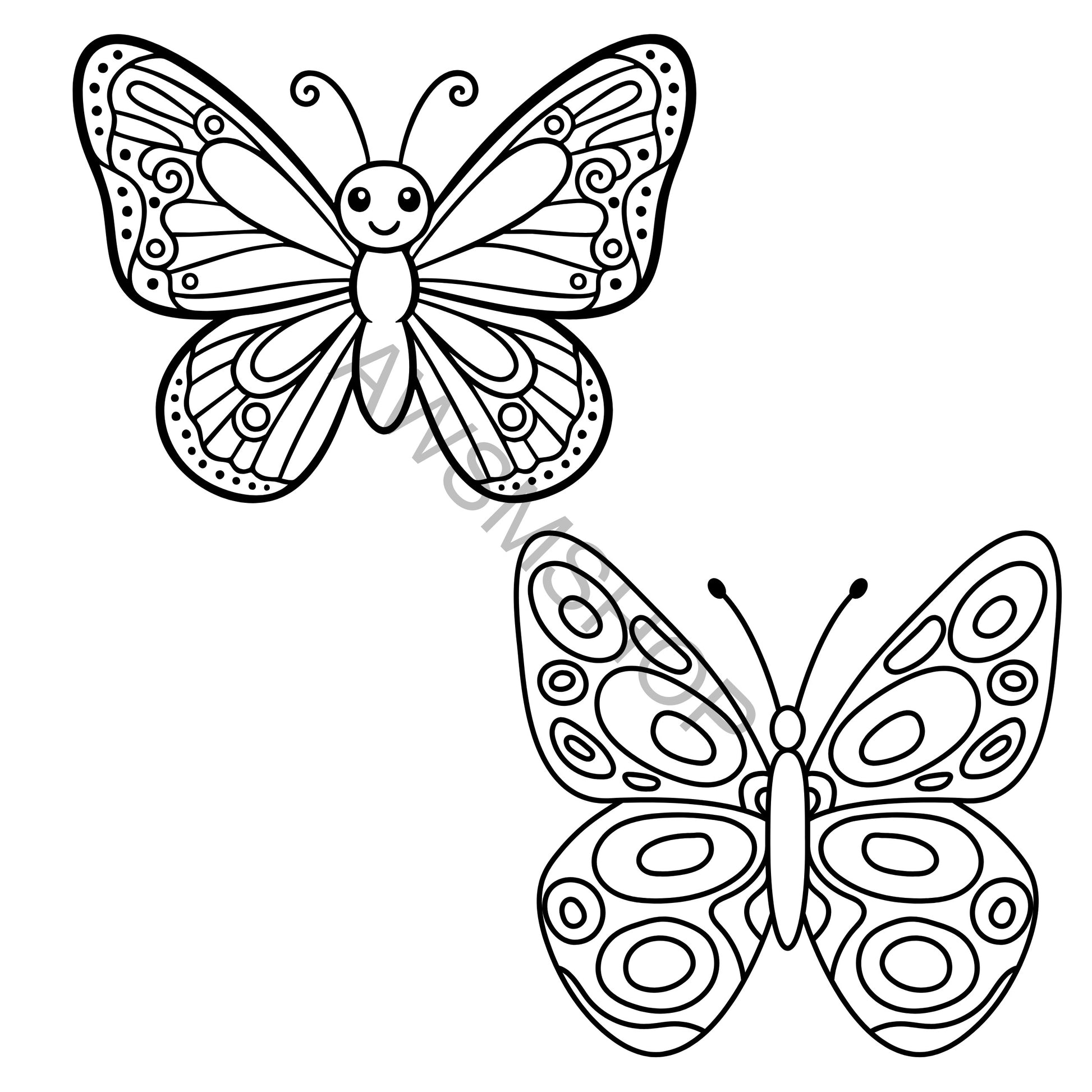 Two black and white butterfly illustrations on a white background