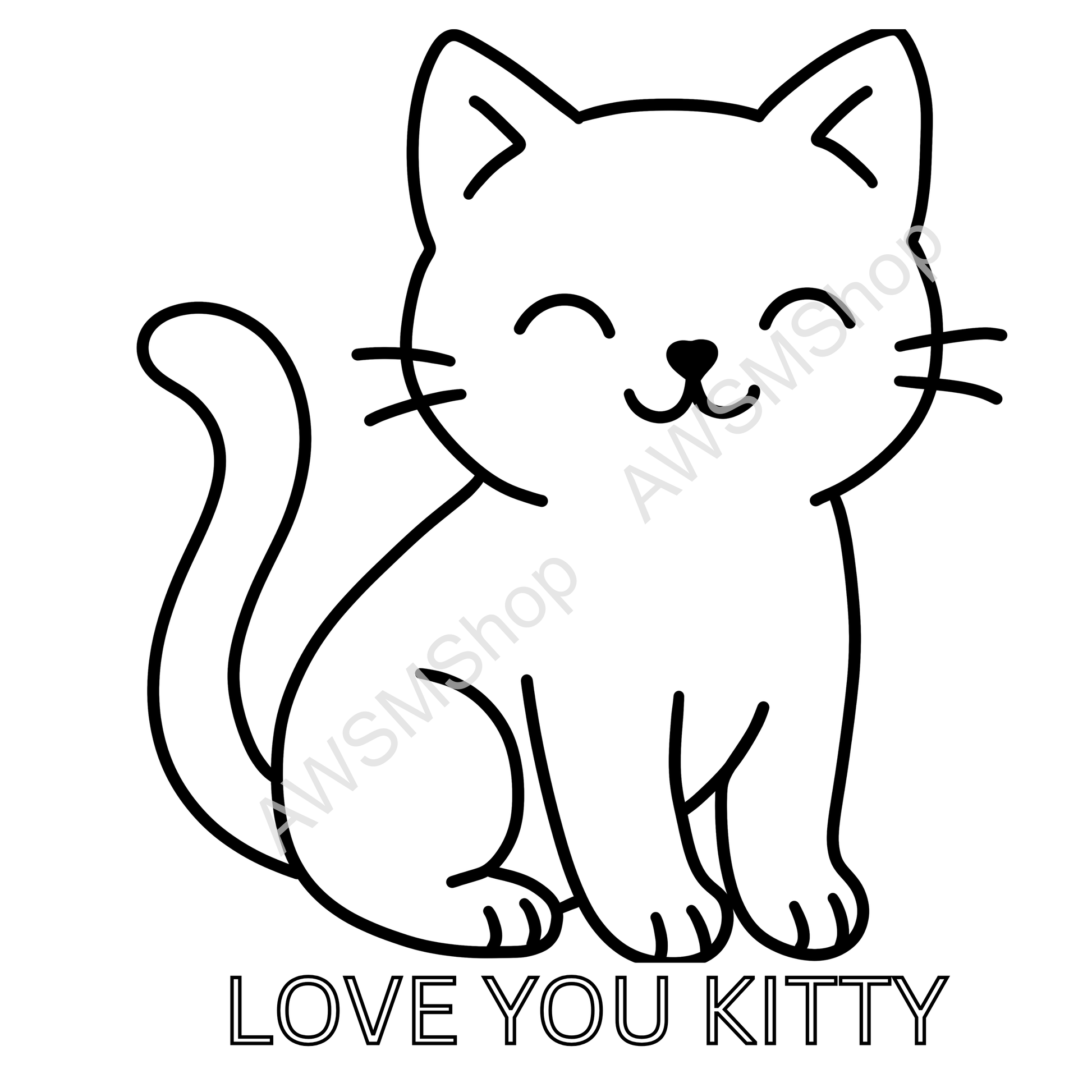 Black and white line drawing of a cat with 'LOVE YOU KITTY' text below.