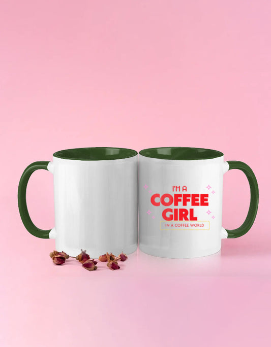 White mug with green interior and handle, featuring 'I'm a Coffee Girl' text on a pink background.
