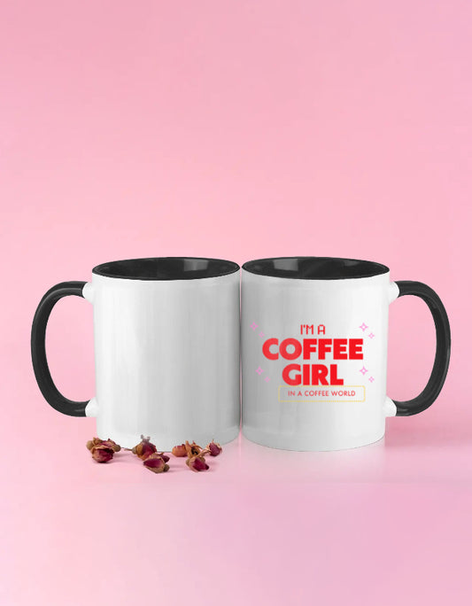 Two white mugs with black handles on a pink background, featuring the text 'I'm a Coffee Girl' in red and pink.