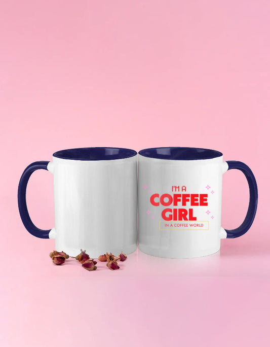 Two mugs with blue interior and handle on a pink background, featuring the text 'I'm a Coffee Girl'.