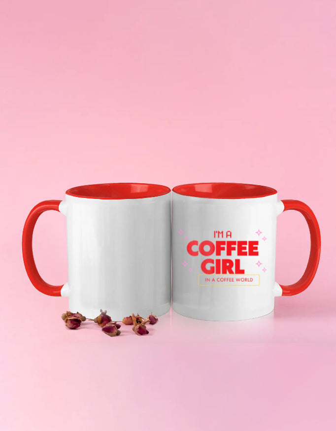 Two white mugs with red interior and handles on a pink background, featuring the text 'I'm a Coffee Girl'.