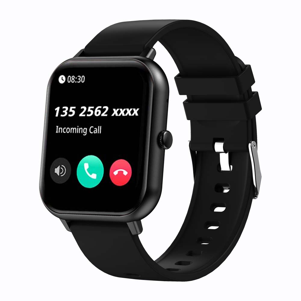 Black smartwatch with incoming call display on a white background