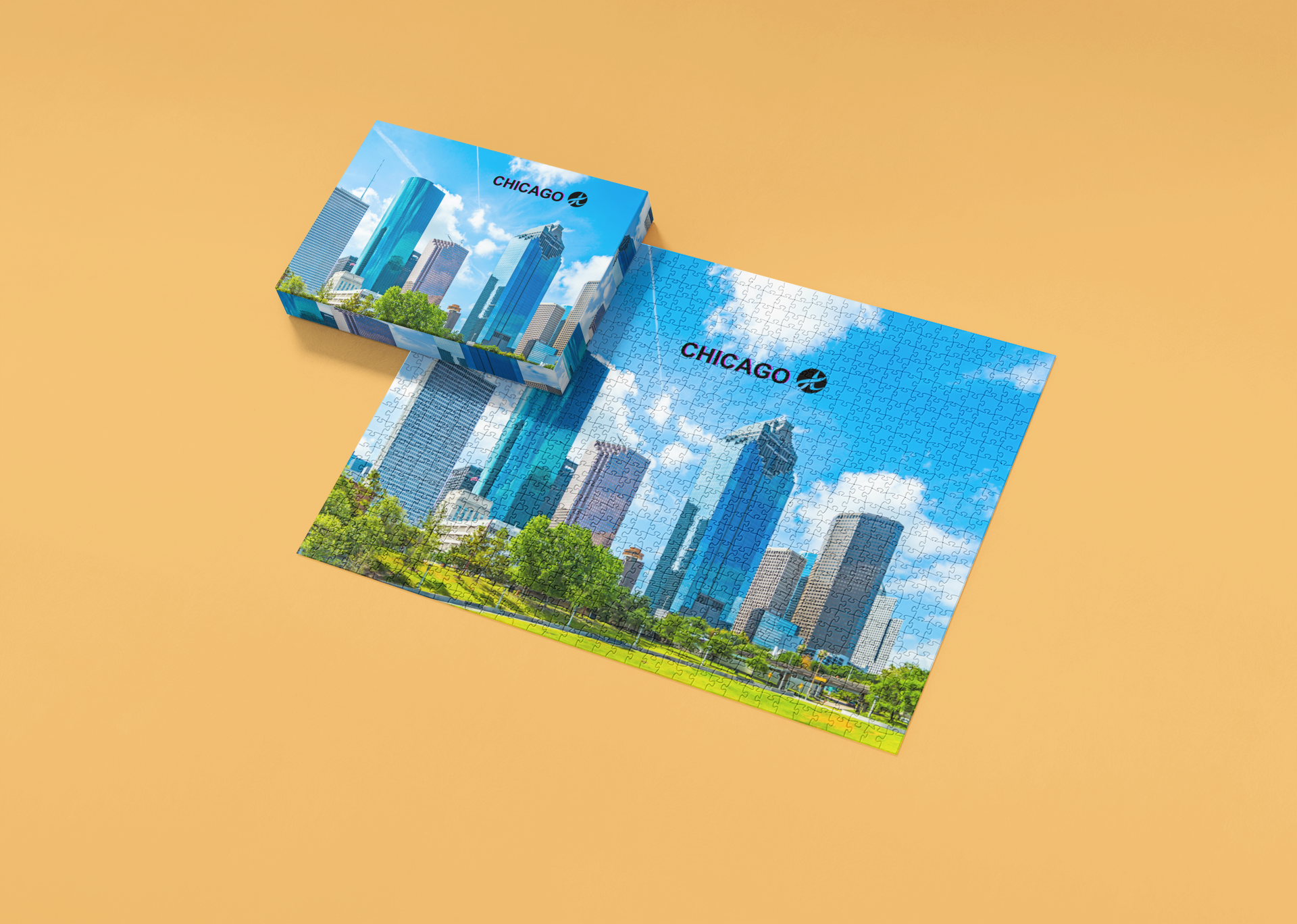 Chicago-themed puzzle with cityscape design on a beige background