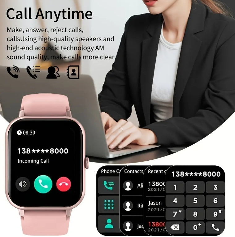 Smartwatch with call interface displayed, woman using laptop in the background