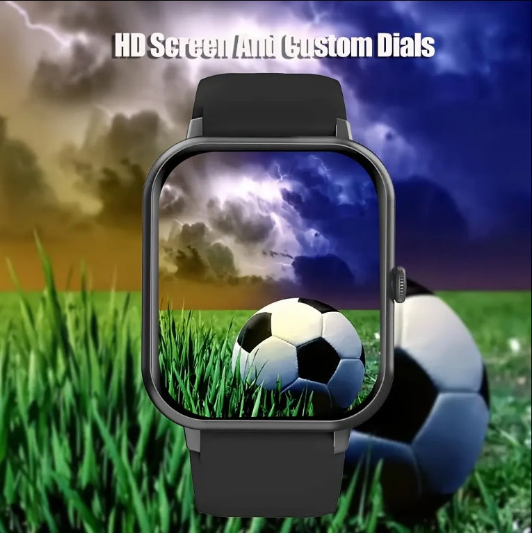 Smartwatch with a soccer-themed display on grass with a stormy sky