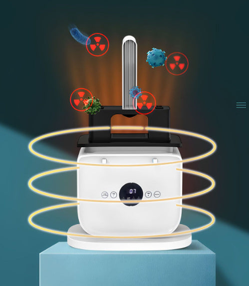 Air purifier with digital display and air quality indicators on a dark background