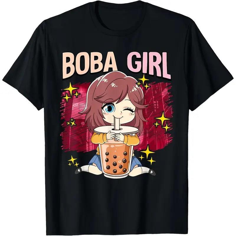 Boba Girl Anime Graphic Tee , Short Sleeve, Crew Neck T-Shirt For Women & Girls in USA to USA – Unca