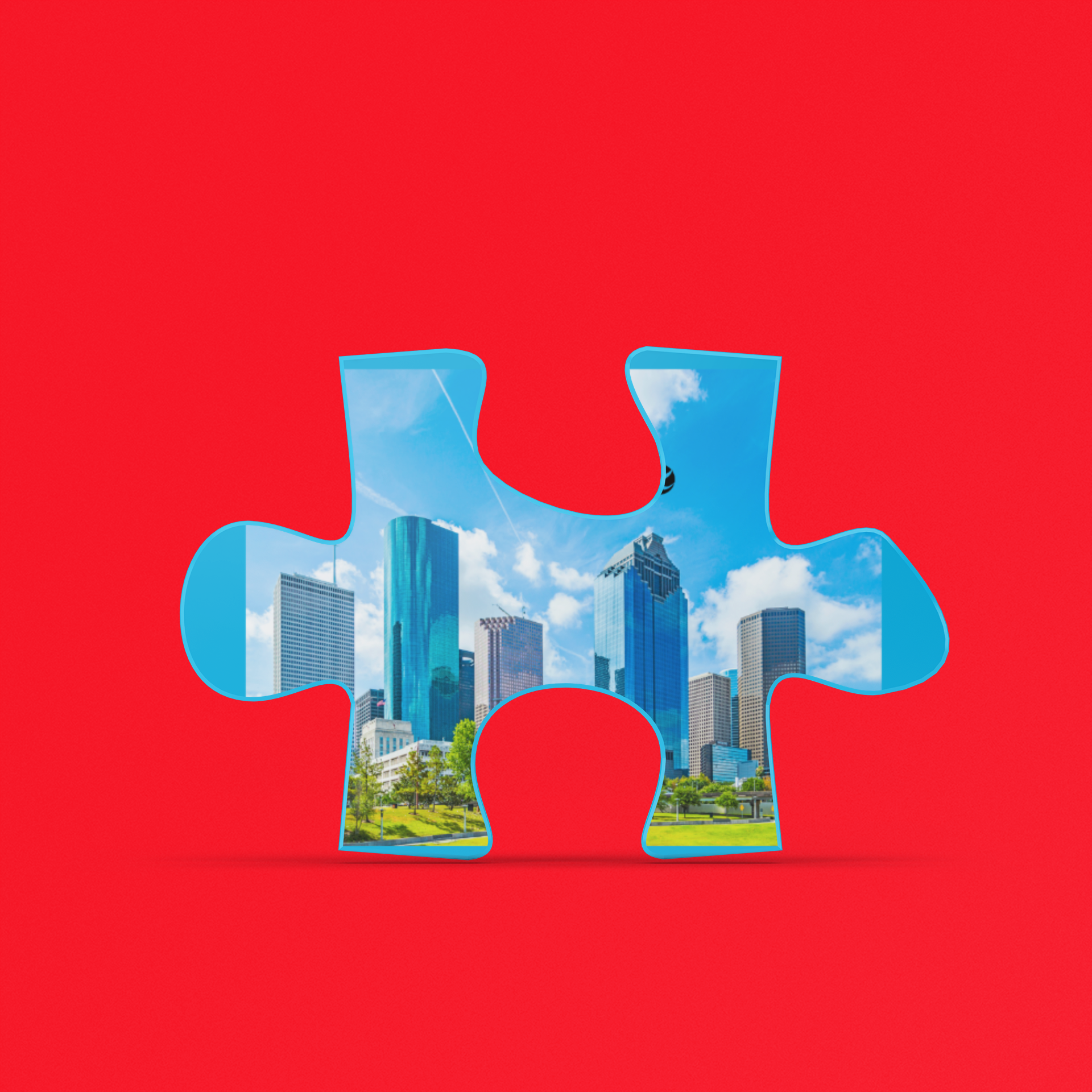Blue puzzle piece with cityscape on a red background