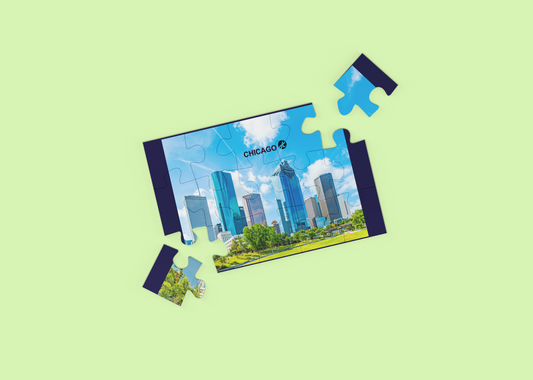 Puzzle with a Chicago skyline design on a light green background