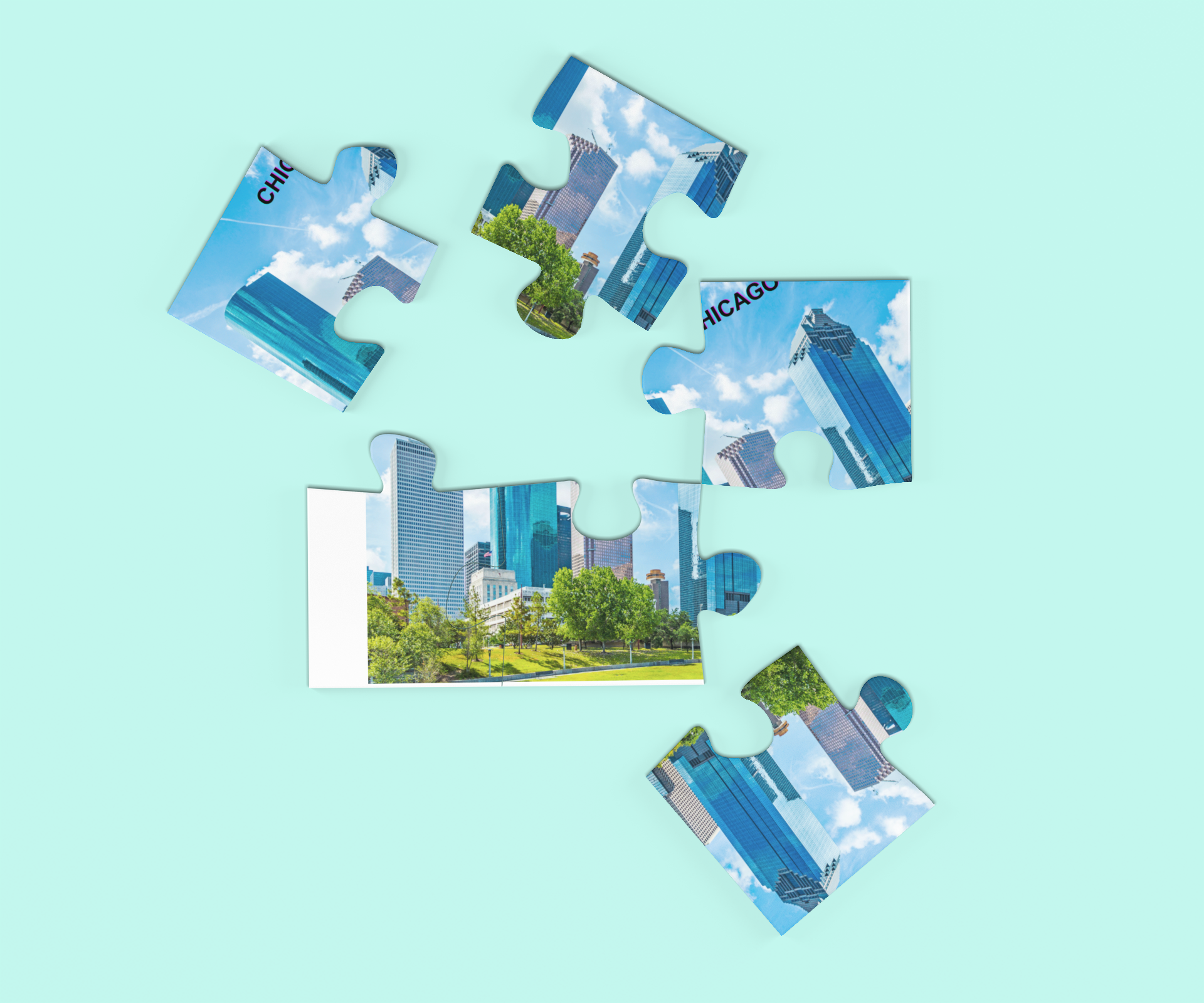 Jigsaw puzzle pieces with cityscape images on a light blue background